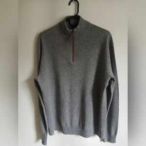 Men's Buttoned Down Gray 100% Cashmere Half Zip-Up Mock Neck Sweater SzL